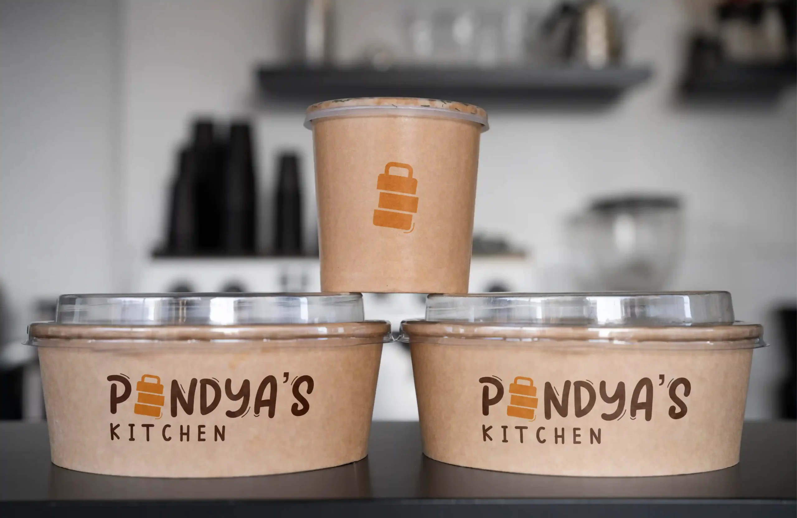 Pandya’s Kitchen eco-friendly food bowls showcasing branded tiffin packaging for home-style meal delivery