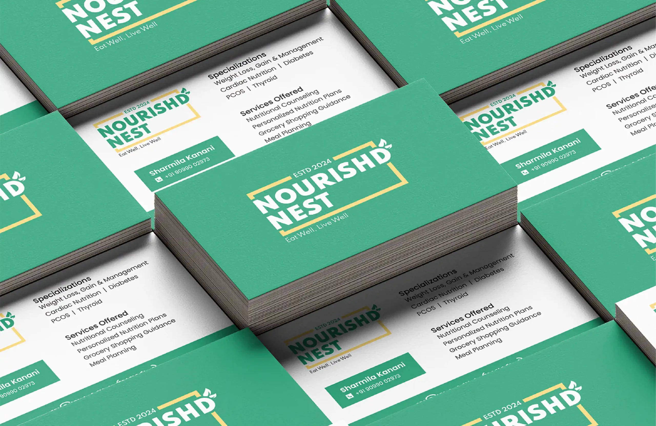 Nourished Nest nutrition brand business card design showcasing modern wellness branding