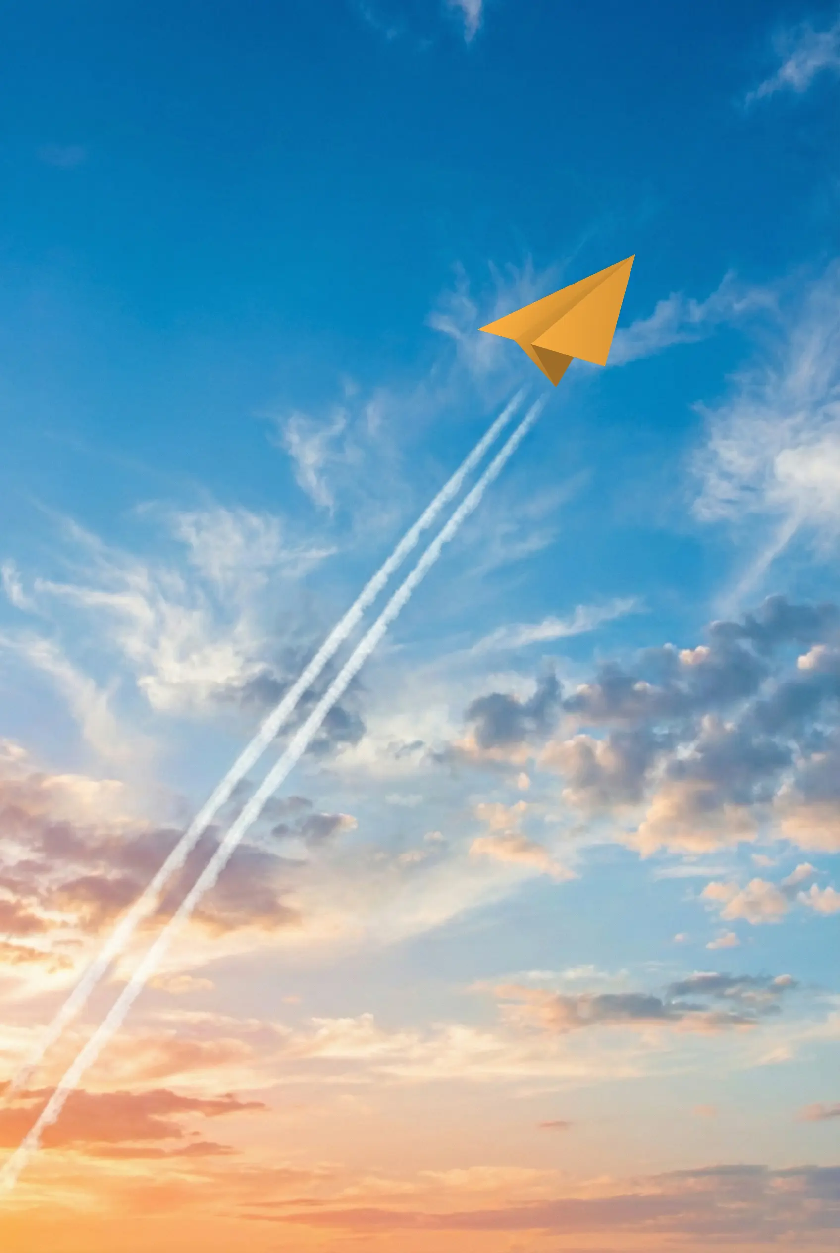 Paper plane soaring upward in a clear blue sky symbolizing growth, innovation, and forward vision