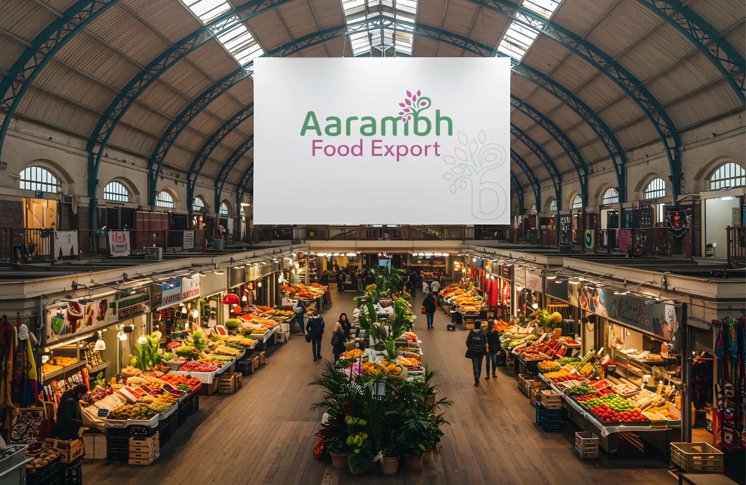 Large Aarambh Food Export branding display inside an indoor fresh produce market hall with fruit and vegetable stalls.