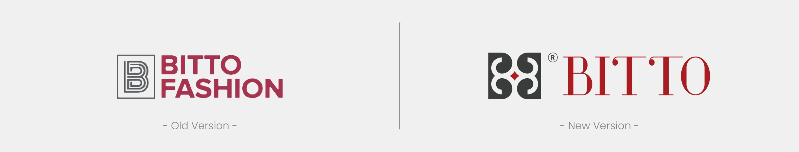 Old and new logo comparison of BITTO Fashion showing brand rebranding from a modern bold wordmark to a luxury monogram-style identity.