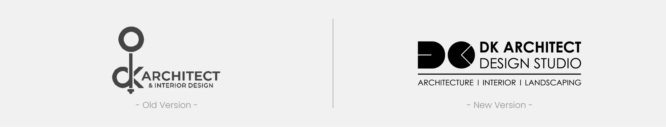 DK Architect Design Studio logo redesign comparison showing old logo version on the left and new branding identity version on the right.