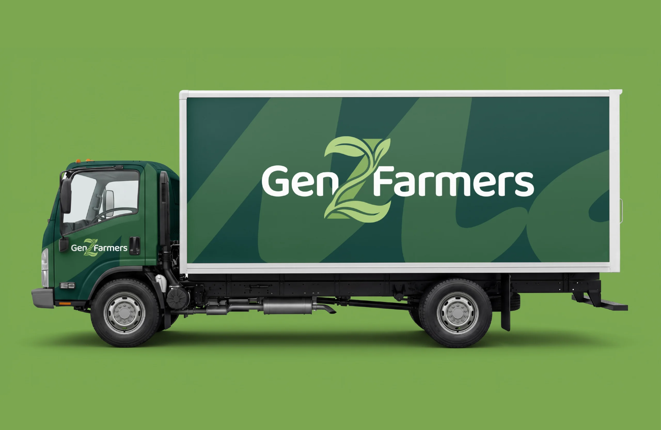 GenZ Farmers agriculture brand logo design on green delivery truck branding mockup