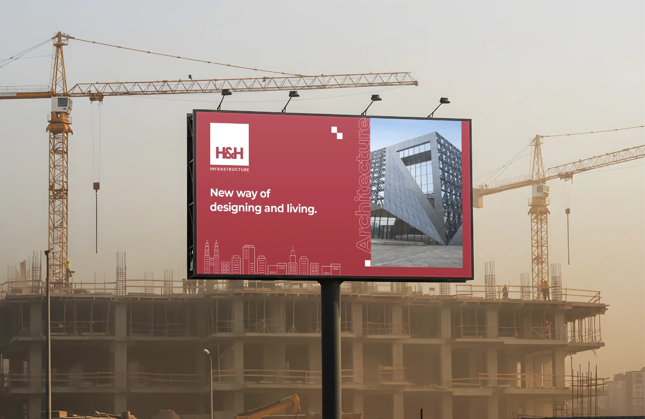 H&H Infrastructure billboard branding at an active construction site with cranes and unfinished building structure in the background.