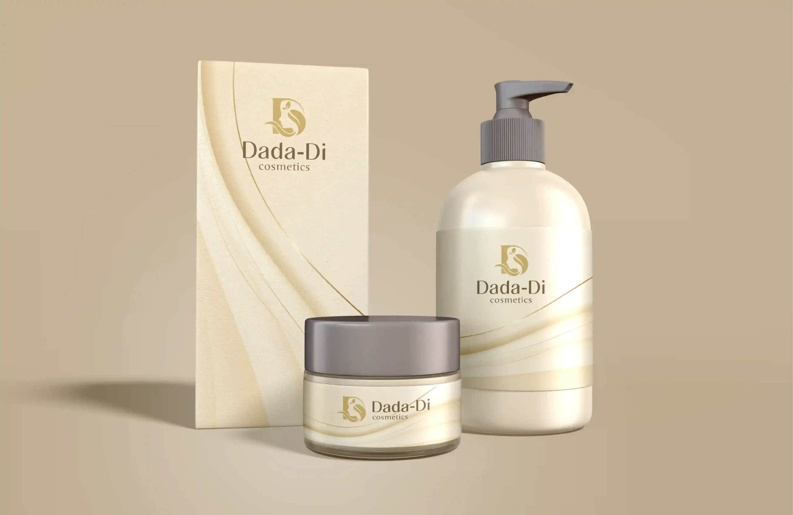 Dada-Di Cosmetics luxury skincare packaging design with lotion bottle, cream jar and branded box