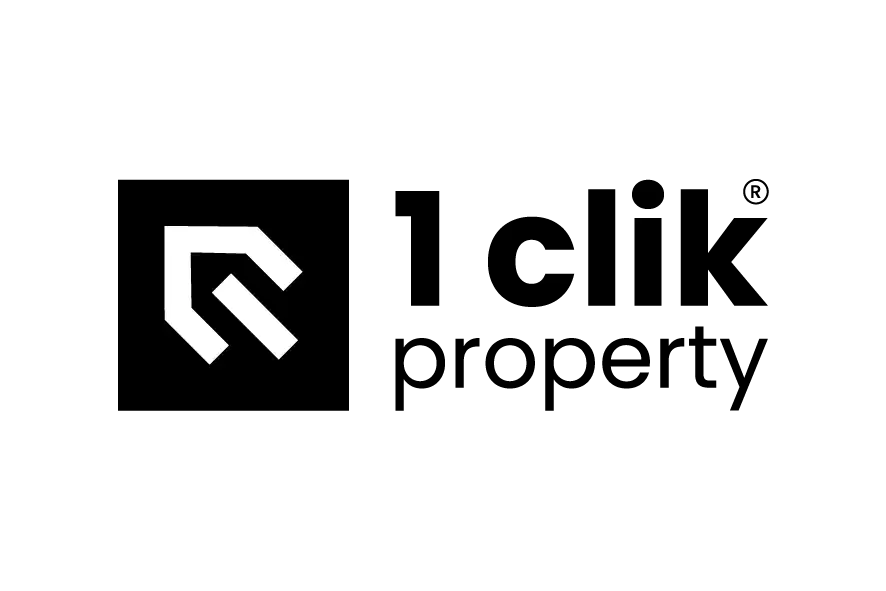 1 Click Property logo with black square icon and bold black typography