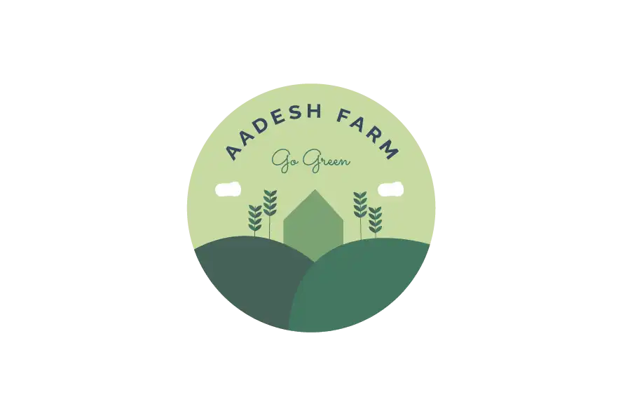 Aadesh Farm logo with circular farm landscape illustration and green eco-friendly theme