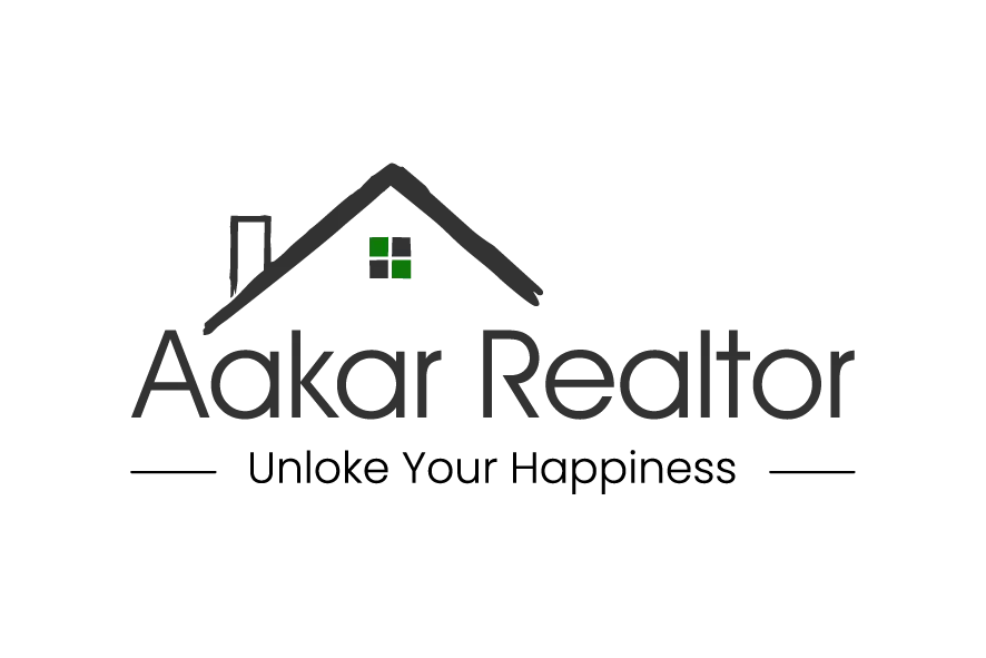 Aakar Realtor logo with black roof outline and green window accent