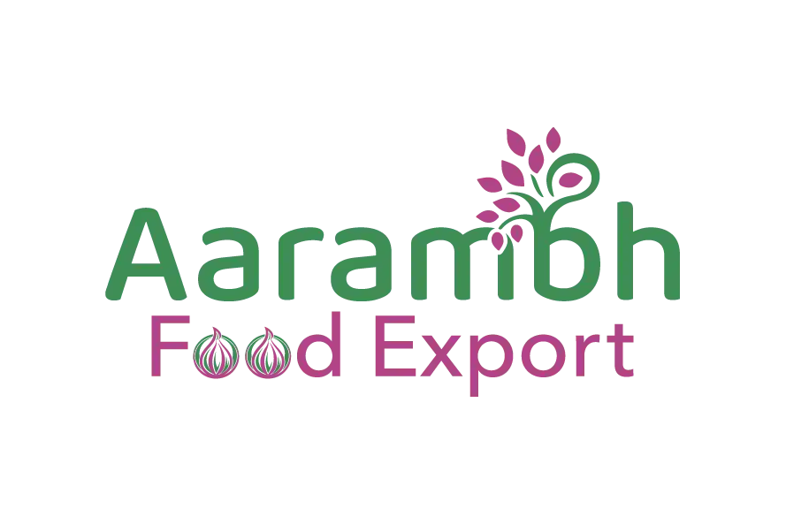 Aarambh Food Export logo with green and pink typography and floral accent