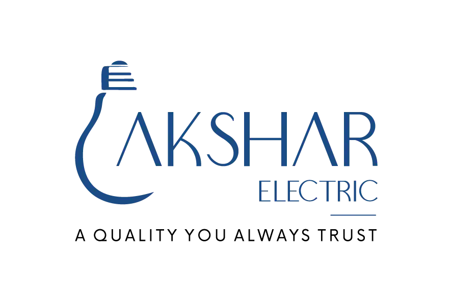Akshar Electric logo in deep blue with a lamp/cord icon forming the letter A.