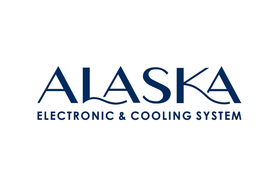 ALASKA wordmark in navy with tagline “Electronic & Cooling System” beneath.