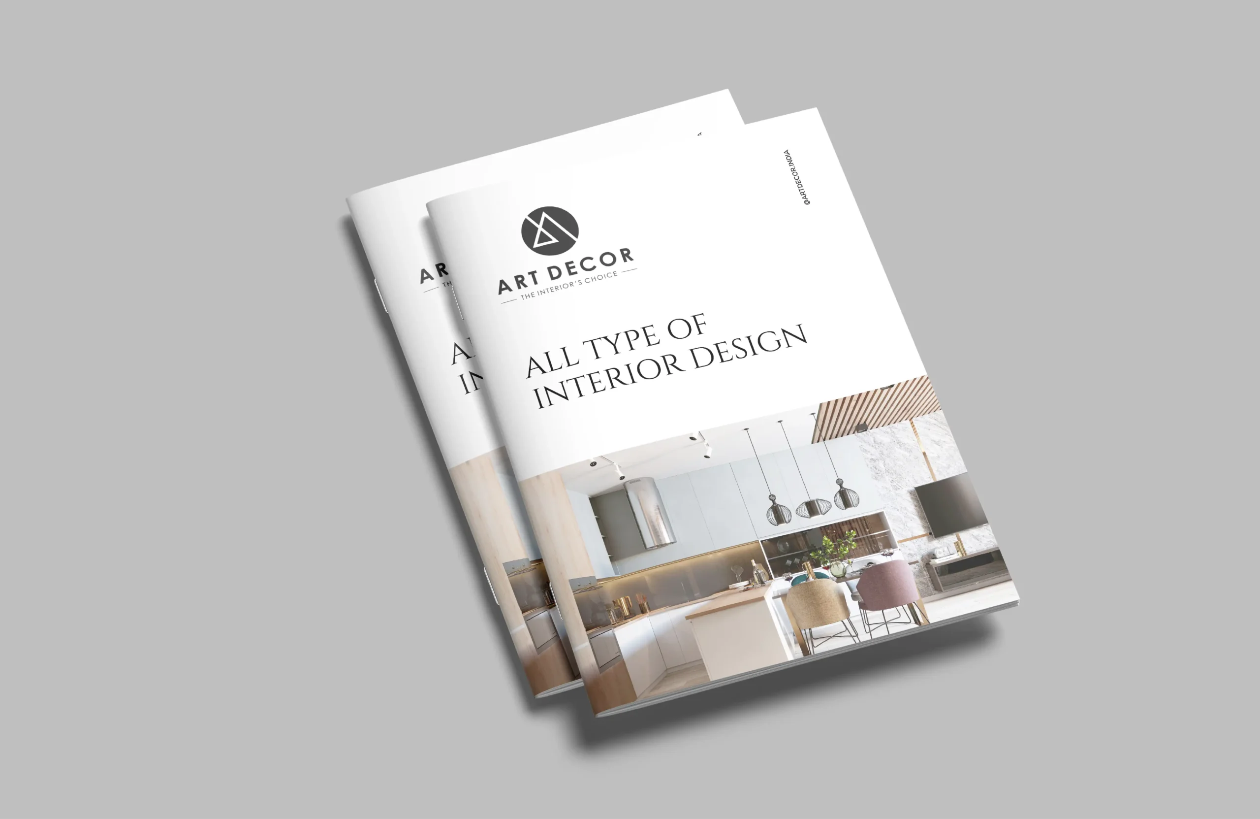 Minimal brochure cover design for Art Decor featuring elegant typography, interior branding, and a modern kitchen interior image.