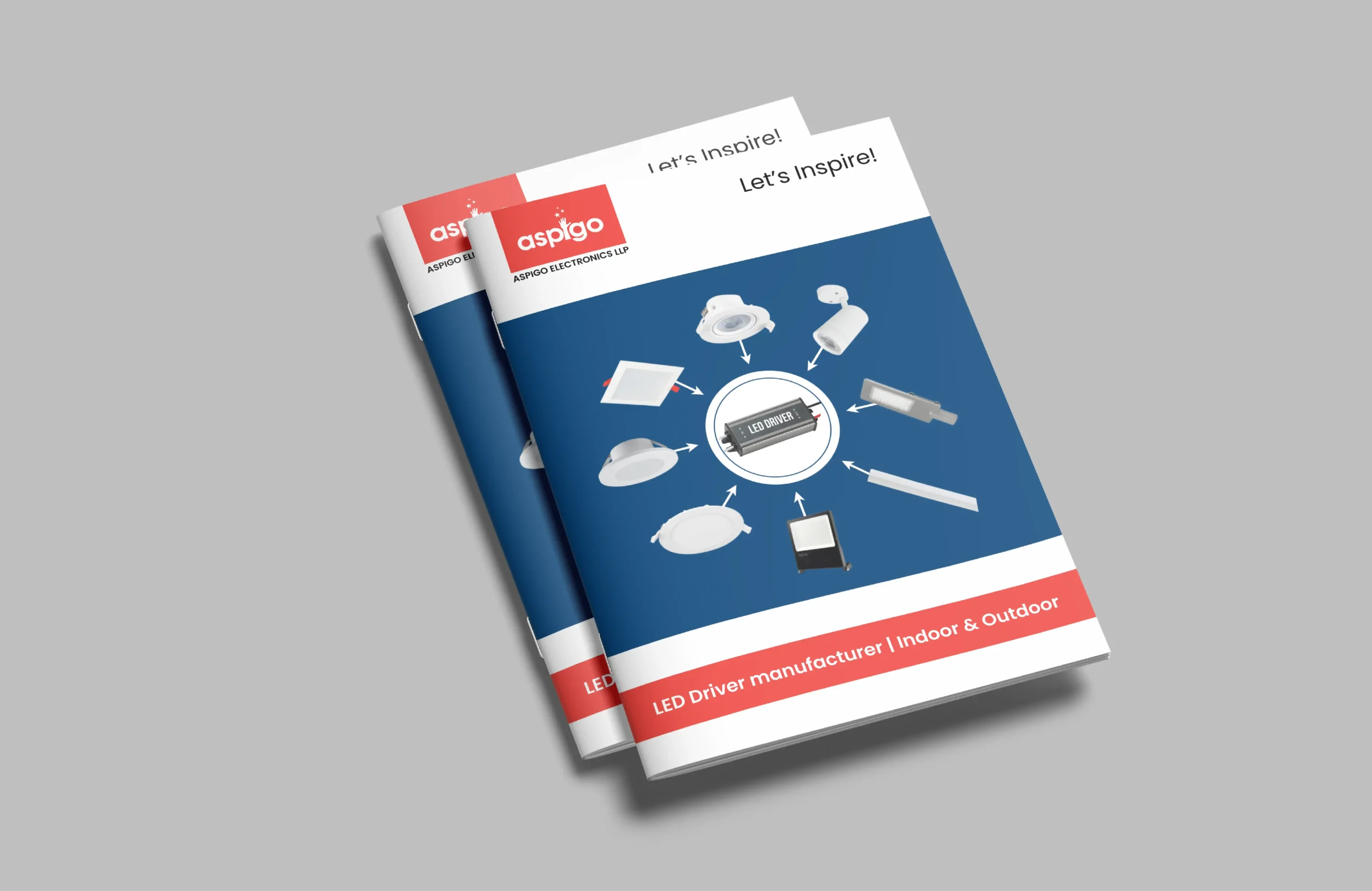 Corporate brochure cover design for Aspigo featuring LED driver products, clean blue-red branding, and a modern product-focused layout.