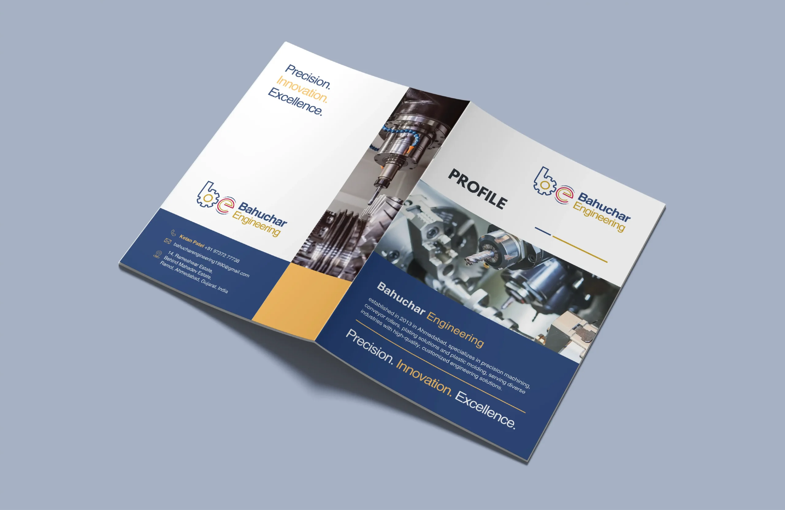 Corporate brochure cover design for Bahuchar Engineering with industrial machinery visuals, bold typography, and blue-yellow branding.