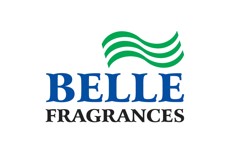 Belle skincare and cosmetic logo with blue typography and green wave symbol