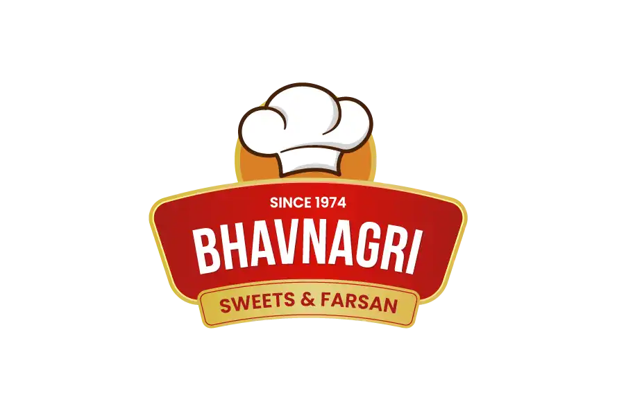 Bhavnagri Sweets and Farsan logo with chef hat and red-yellow food branding