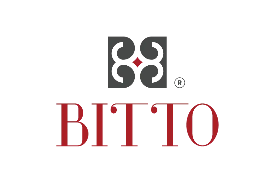 Bitto logo with grey monogram and red serif text.