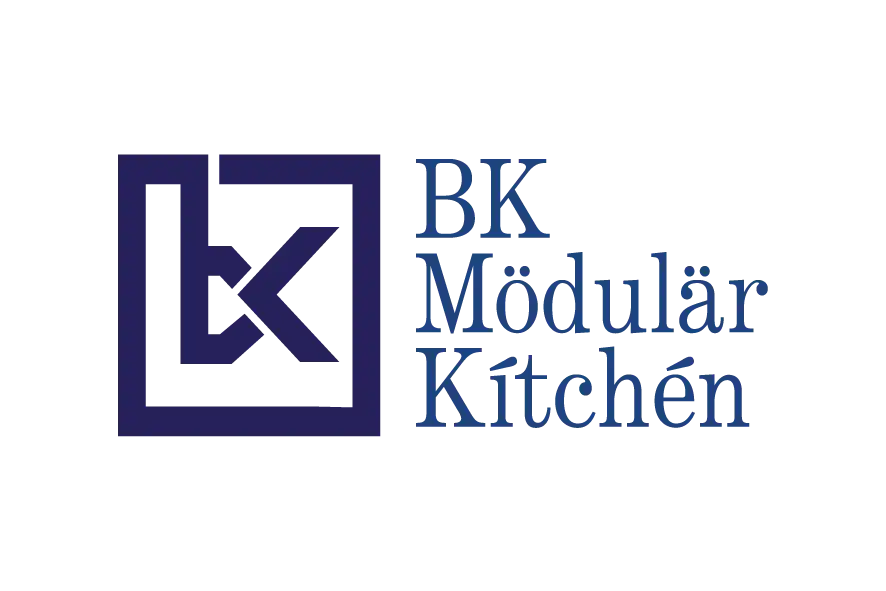 Bk Modular Kitchen logo with blue monogram icon and serif wordmark