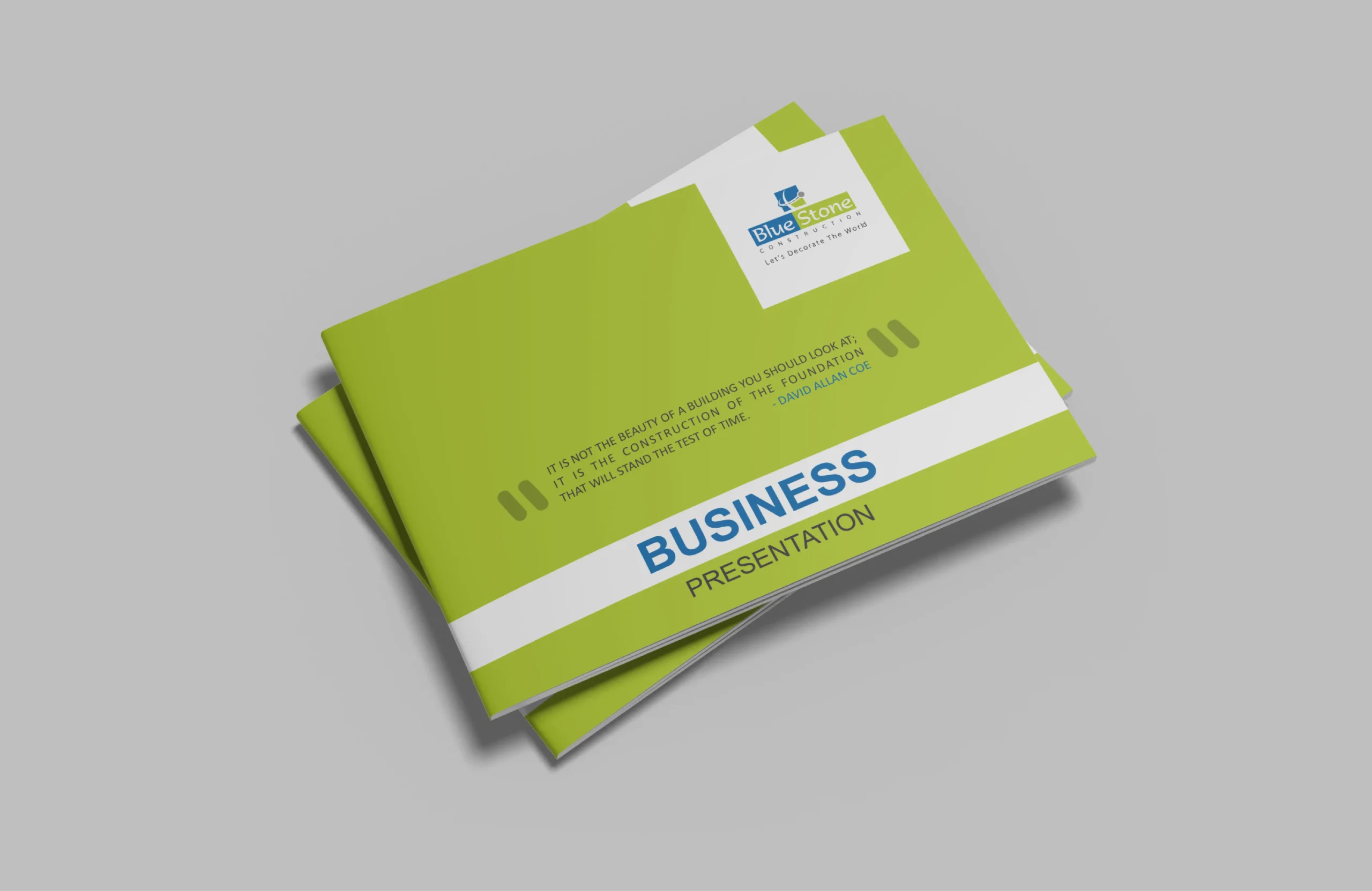 Blue Stone Construction brochure cover design with green corporate layout and business presentation branding.