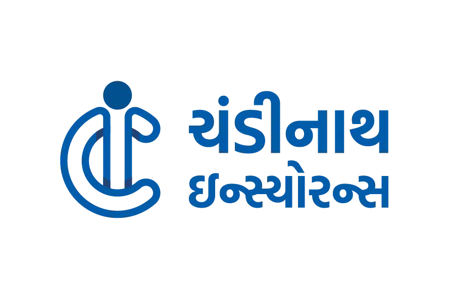Gujarati wordmark “ચંદીનાથ ઇન્શ્યોરન્સ” with a circular abstract emblem at left.