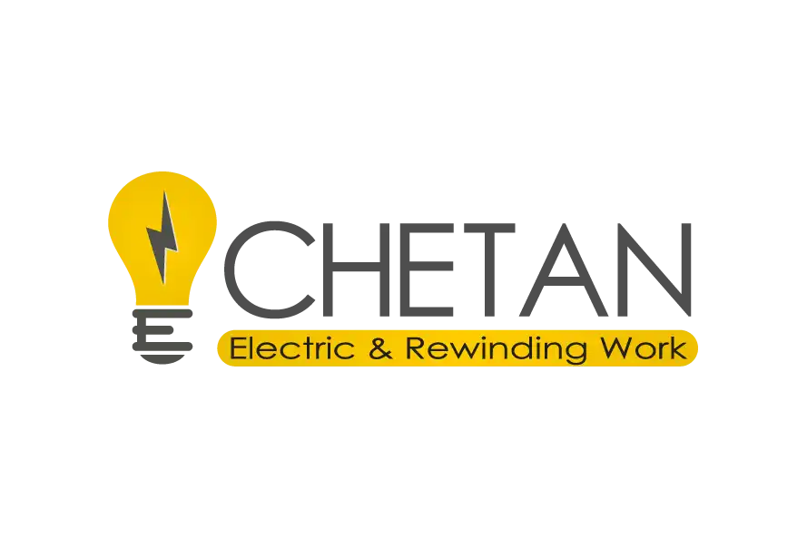 Chetan Electric logo with yellow lightbulb icon and rounded wordmark; “Electric & Rewinding Work” tagline on a yellow pill.