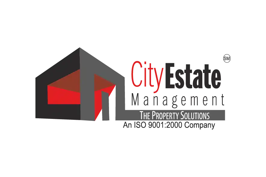 City Estate real estate logo with red and grey building icon and tagline The Property Solutions