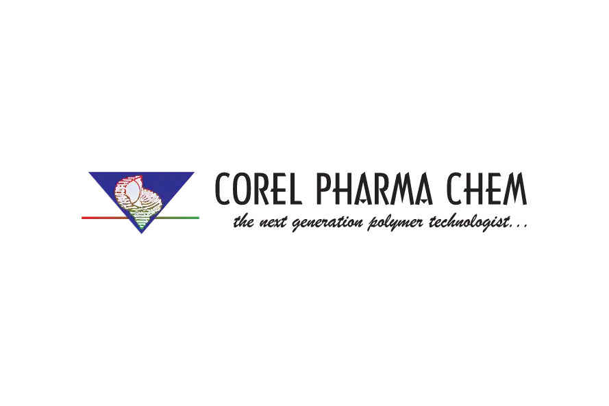 Corel Pharma healthcare and pharmaceutical company logo with triangular emblem and medical branding