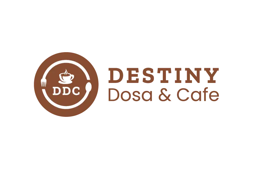 Destiny Dosa and Café logo with circular brown emblem, coffee cup, and cutlery icon