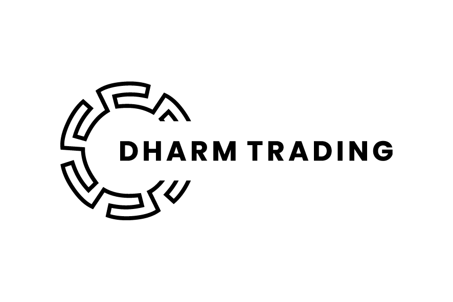 Dharm Trading logo in black with circular abstract emblem and text.