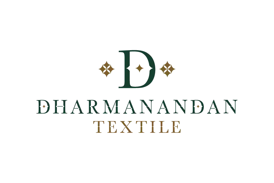 Dharmanandan Textile logo with green and gold text and monogram.