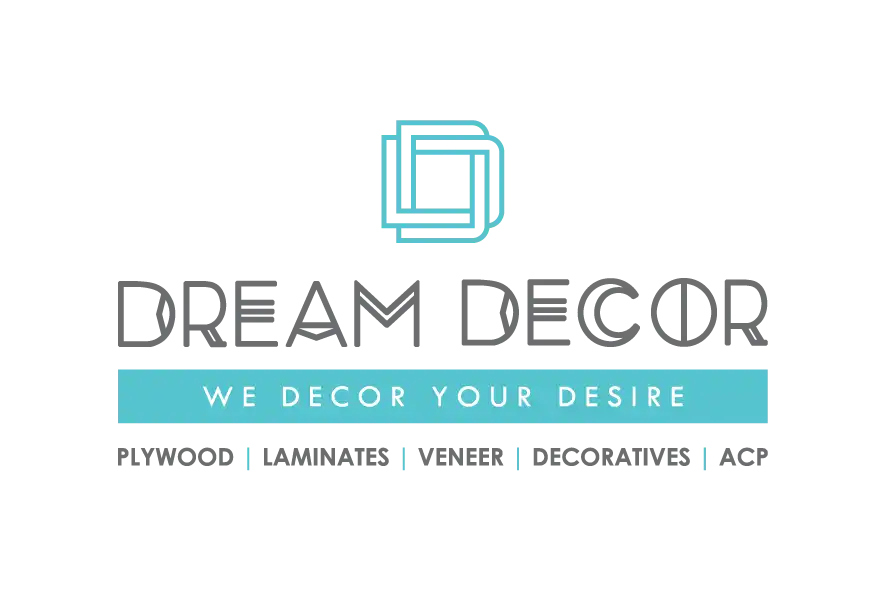 Dream Decor logo with geometric square icon, grey typography, and blue tagline