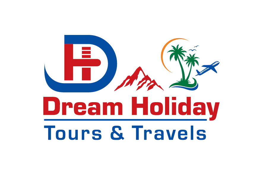 Dream Holiday Tours & Travels logo with DH monogram, mountain, palm trees, and airplane icon
