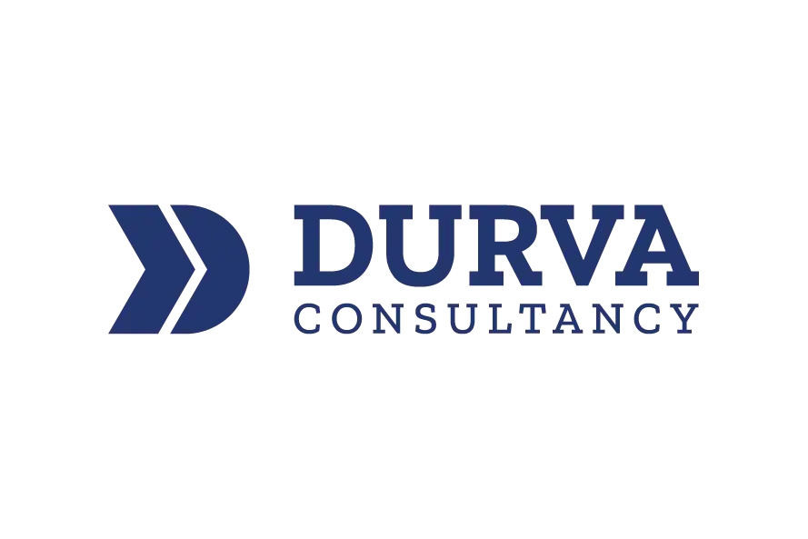 Durva Consultancy logo with bold blue typography and directional arrow emblem.