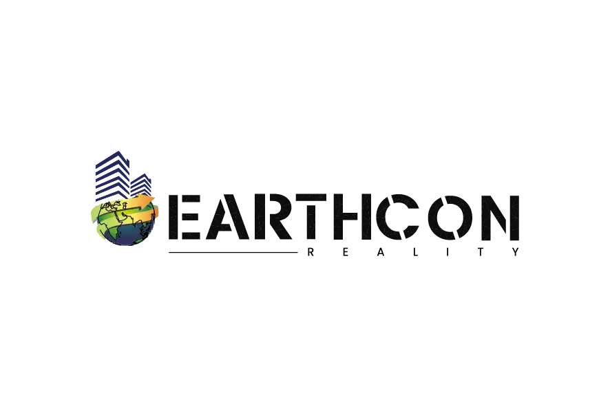 Earthcon logo with globe and building graphic beside black wordmark