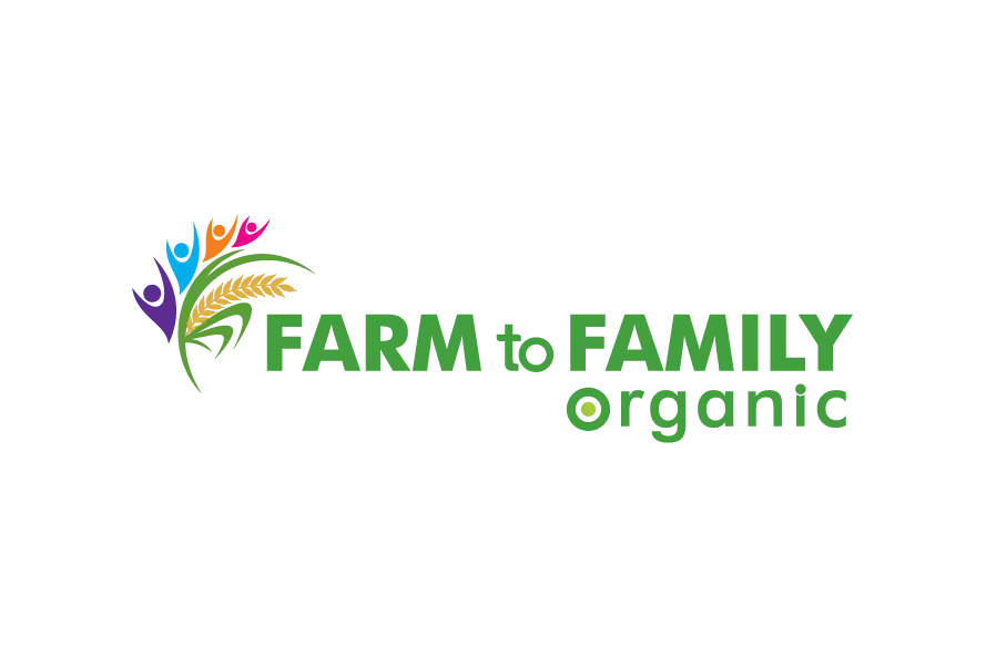Farm to Family Organic logo with colorful farming graphic and green typography