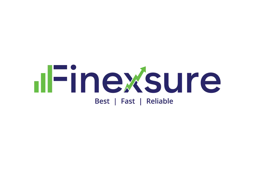 Finexsure financial services logo with bar chart icon and checkmark integrated into the typography.