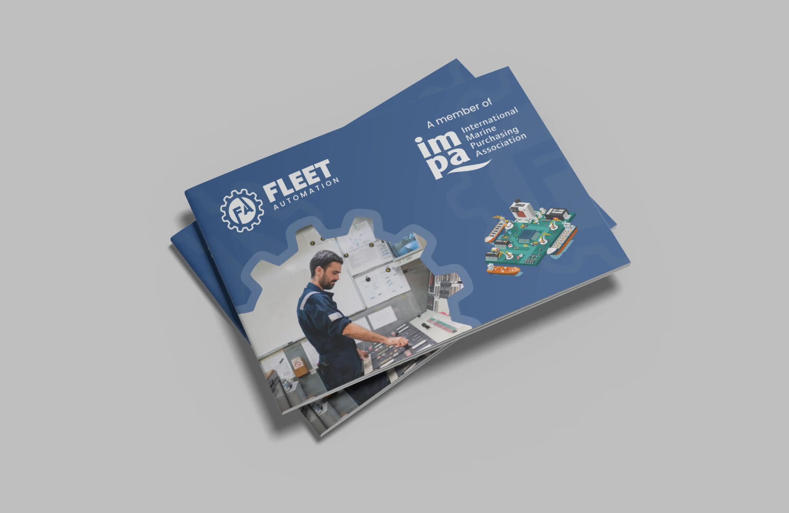 Corporate brochure cover design for Fleet Automation featuring marine automation branding, technical visuals, and a clean blue industrial layout.