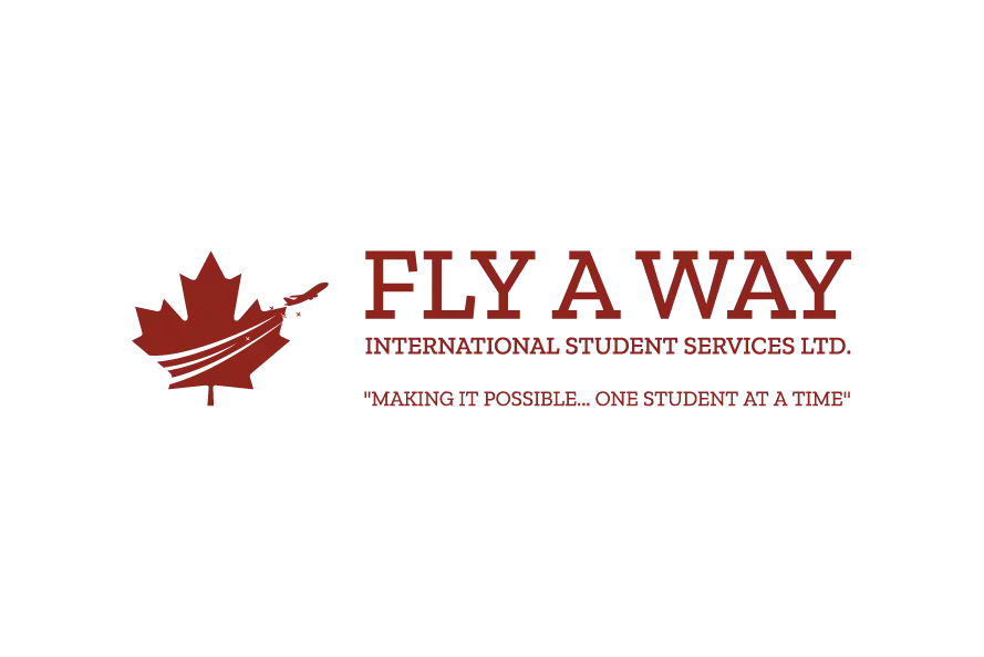 Fly Away International Student Services Ltd. logo with red maple leaf and airplane graphic