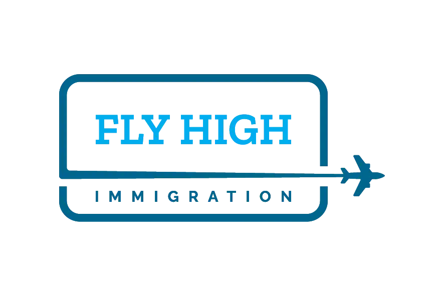 Fly High Immigration logo with blue border and airplane graphic