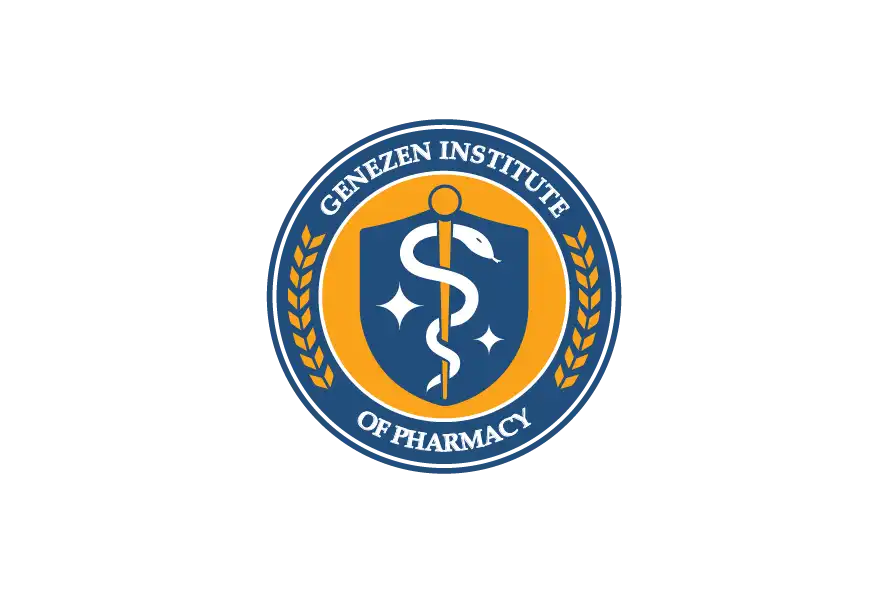 Genezen Institute of Pharmacy circular logo with medical shield and pharmacy symbol