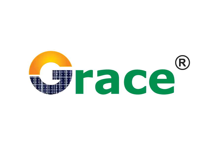Grace Solar logo with sun, solar panel texture, and green brand typography