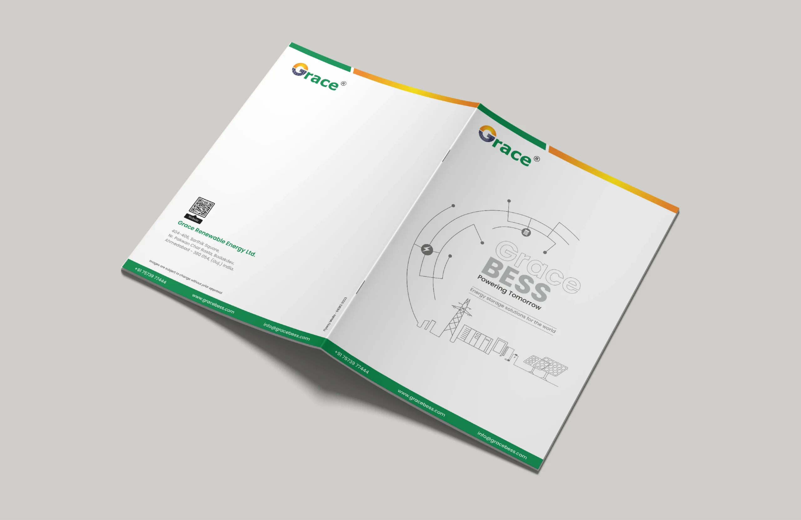 Corporate brochure cover design for Grace Renewable Energy featuring BESS branding, clean white layout, and green-orange accent styling.