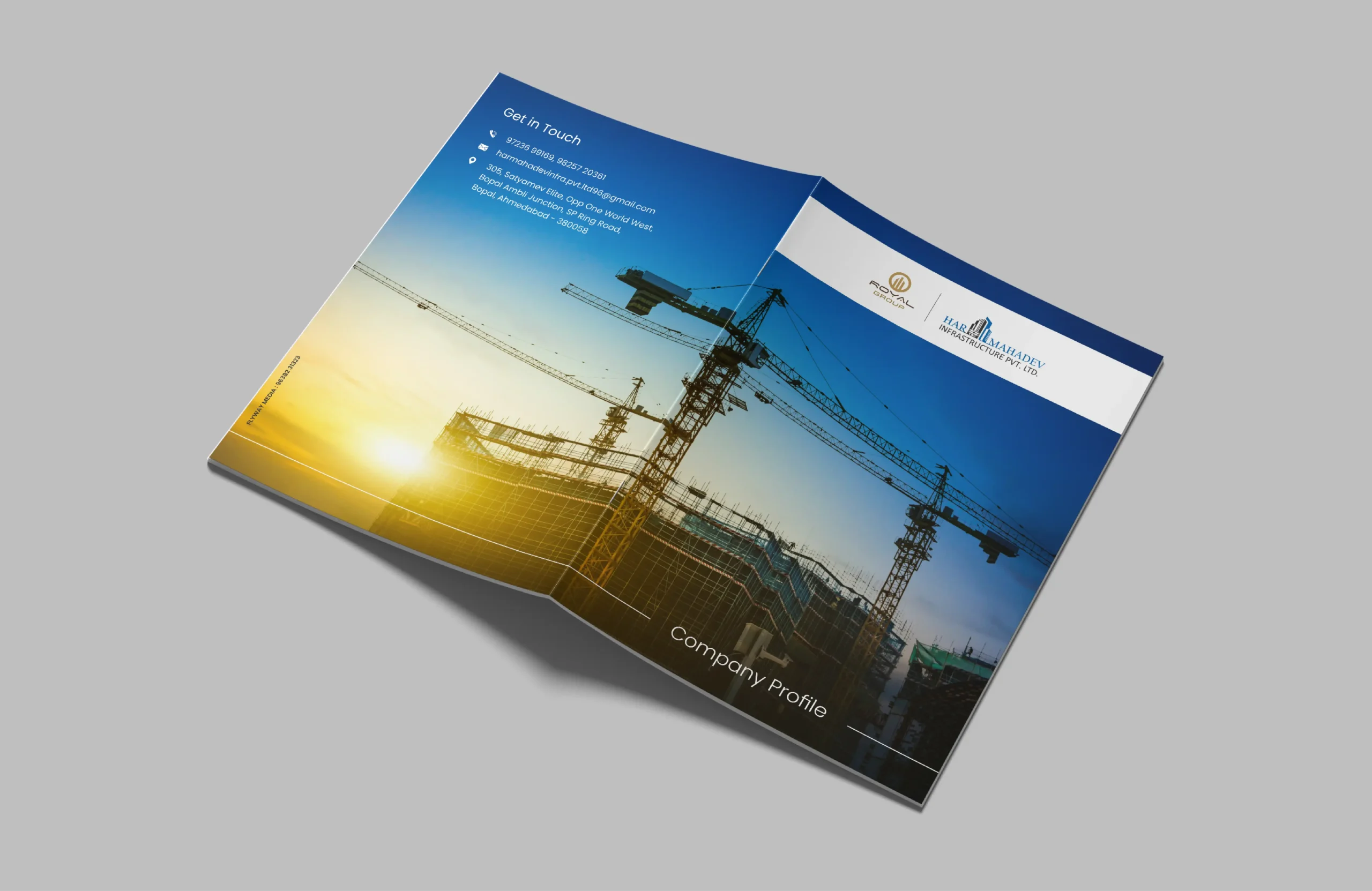 Corporate brochure cover design for Har Mahadev Infrastructure featuring construction site imagery, crane visuals, and a modern company profile layout.