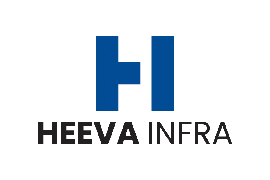 Heeva Infra logo with blue H icon and black text.
