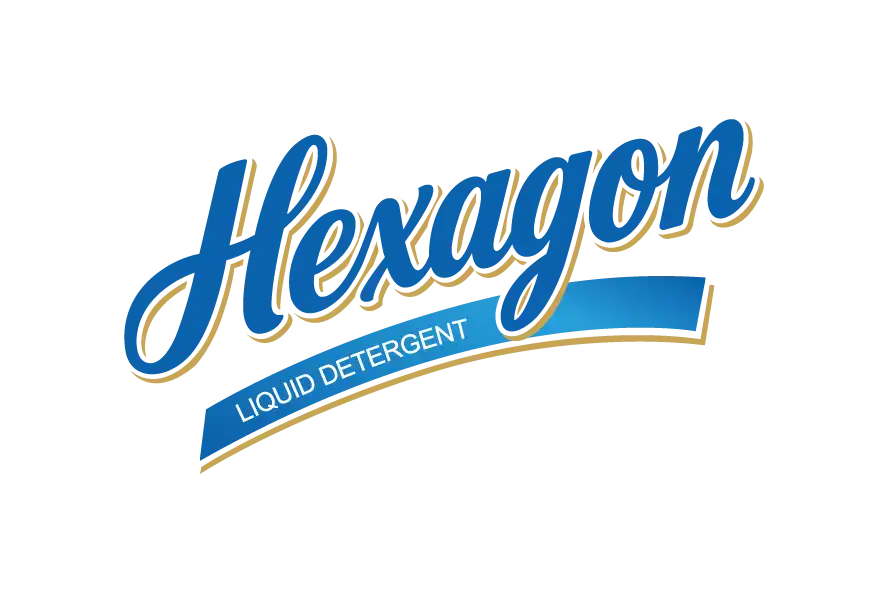 Hexagon Liquid Detergent brand logo in blue script style