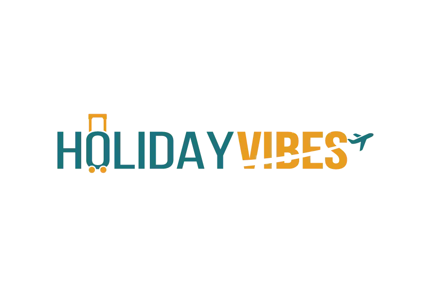 HOLIDAY VIBES colorful logo with teal and yellow lettering and travel icons