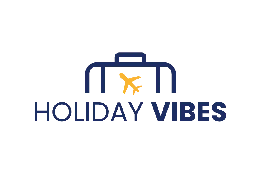 HOLIDAY VIBES logo with suitcase outline and airplane symbol