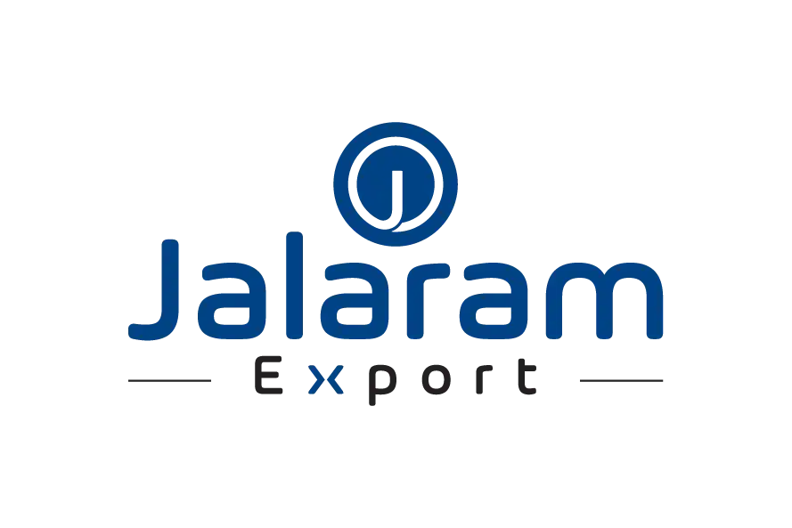 Jalaram Export logo with blue typography and circular emblem