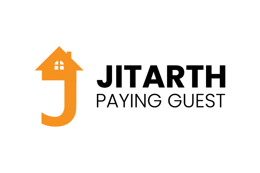 Jitarth Paying Guest logo with orange house-arrow icon and bold black typography