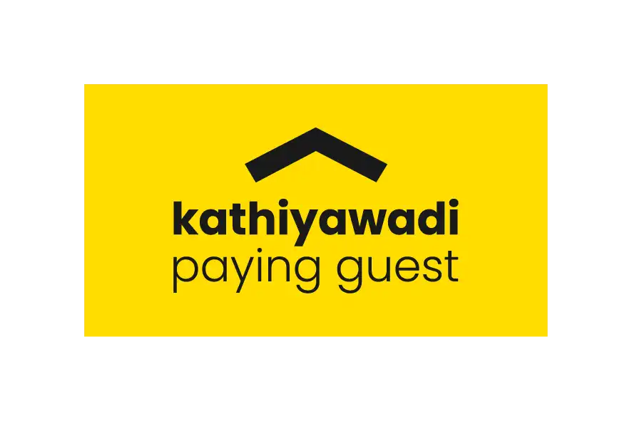 Kathiyawadi Paying Guest logo with black typography and roof symbol on yellow background
